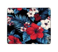 Tropical Floral Desk Mouse Pad, Red Blue Hibiscus Flower Non-Slip Washable Mousepad, Rubber Stitched Edge Gaming Mat for Home and Office Computer, Laptop Square 8x10 Inch