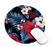 Tropical Floral Desk Mouse Pad, Red Blue Hibiscus Flower Non-Slip Washable Mousepad, Rubber Stitched Edge Gaming Mat for Home and Office Computer, Laptop Round 8x8 Inch