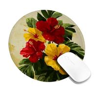 Tropical Floral Desk Mouse Pad, Red Yellow Hibiscus Flowers Stitched Edge Mousepad, Rubber Non-Slip Washable Gaming Mouse Pad for Home and Office Computer, Laptop Round 8x8 Inch
