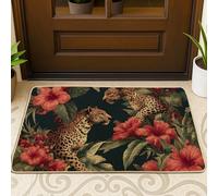 Tropical Floral Doormat, Red Hibiscus and Leopard Design for Outdoor & Indoor Entryway, Elegant Home Decor, Non-Slip Waterproof Dust Control Mat, Easy Maintenance 29x17 Inch