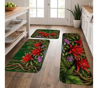 Tropical Floral Kitchen Mats for Floor, Vibrant Red Flowers Botanical Soft Mats, Summer Cushioned Comfort Washable Decor Rugs for Kitchen Sinks Laundryroom Bathroom 3pcs