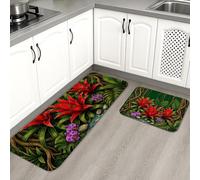 Tropical Floral Kitchen Mats for Floor, Vibrant Red Flowers Botanical Soft Mats, Summer Cushioned Comfort Washable Decor Rugs for Kitchen Sinks Laundryroom Bathroom 2pcs