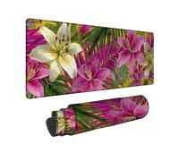 Tropical Floral Large Gaming Mouse Pad, Peach Yellow Lily Pattern Stitched Edge Mousepad, Rubber Non-Slip Washable Gaming Mouse Pad for Home and Office Computer, Laptop 12x32 Inch
