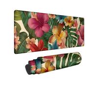 Tropical Floral Large Gaming Mouse Pad, Vibrant Peach Red Yellow Hibiscus Leaves Mousepad, Non-Slip Washable Mouse Pad for Home Office Computer, Laptop 16x36 Inch