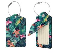 Tropical Floral Leaves Luggage Tag 2 PCS PU Leather Suitcase Tags Identifiers Travel Tags with Privacy Protection and Stainless Steel Loop Luggage Bag Tag for Women Men