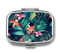Tropical Floral Leaves Pill Case for Travel, Rectangle Metal Pill Organizer with 2 Compartments, Portable Daily Medicine Box for Purse, Wallet