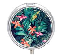 Tropical Floral Leaves Pill Case with 3 Compartments - Portable Travel Pill Organizer for Purse, Easy-Open Button Design, Small Round Pillbox Vitamin Holder Organizer for Women Men