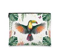 Tropical Floral Makeup Bag, Colorful Toucan Cosmetic Pouch for Women, Portable Canvas Zipper Organizer, Summer Travel Toiletry Bag, Black, 7x9 Inch, Toucan