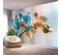 Tropical Floral Orchids Leaves Wall Mural Wallpaper, Non Self Adhesive Paste The Wall Mural for Living Room Bedroom, Peach High Definition Art Wall Decor - 300 x 210 cm (W x H)