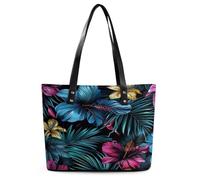 Tropical Floral Pattern Tote Bag Large Soft Leather Purse with Zipper Lightweight Ladies Shoulder Handbag