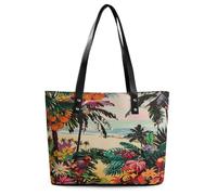 Tropical Floral Pattern Tote Bag Large Soft Leather Purse with Zipper Lightweight Ladies Shoulder Handbag