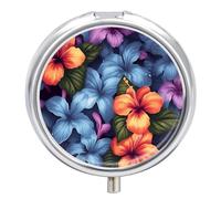 Tropical Floral Pill Box 3 Compartment Travel Pill Organizer 3 Times A Day Cute Mini Pill Case for Purse & Pocket Portable Metal Medicine Box with Mirror Round Daily Medicine Vitamin Container