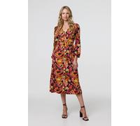 Izabel London Tropical Floral Print Long Sleeve Midi Dress for Women UK with a v-Neck and an Empire Waist. Orange