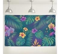 Tropical Floral Wall Backdrop, Exotic Leafy Pattern Decor, Green and Violet Photography Background for Parties, Summer Events and Weddings 71x43 Inch