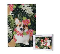 tropical flower and corgi 2 Printed Jigsaw Puzzle with Storage Box, Wooden Puzzle for Adults and Kids, 1000 Pieces Family Fun Decorative Game
