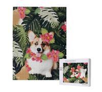 tropical flower and corgi 2 Printed Jigsaw Puzzle with Storage Box, Wooden Puzzle for Adults and Kids, 500 Pieces Family Fun Decorative Game
