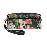Tropical Flower and Corgi 2 Printed Makeup Bag for Women Travel PU Leather Cosmetic Bag with Wristlet Toiletry Bag