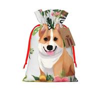 tropical flower and corgi Christmas Gift Bags with Tags & Ribbon Ties, Personalized Santa Sack Xmas Treat Pouch Party Favor Bags Drawstring Christmas Sacks for Holiday Presents Storage Medium