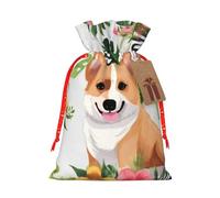 tropical flower and corgi Christmas Gift Bags with Tags & Ribbon Ties, Personalized Santa Sack Xmas Treat Pouch Party Favor Bags Drawstring Christmas Sacks for Holiday Presents Storage Medium