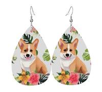 tropical flower and corgi Earrings Daily Styles Collection | Lightweight Leather Earring Hypoallergenic Design for Women Jewelry Teardrop Dangle Earring Fashion Pendant Gift