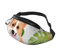 tropical flower and corgi Fanny Pack for Men Women, Waterproof Sports Waist Bag Fashion Belt Bag Crossbody Bags Hip Bum Bag with Adjustable Strap Large Sling Bag Purse for Travel Hiking