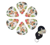 tropical flower and corgi Guitar Picks 6 Pack, 0.46mm Thickness Celluloid Bass Pick with Leather Guitar Pick Holder Keychain Abstract Art Pics Plectrum for Acoustic Electric Guitar, Ukulele, Bass