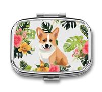 Tropical Flower and Corgi Pill Box 2 Compartment Pill Case Portable Pocket Pill Organizer Medicine Vitamin Organizer for Men Women