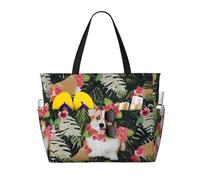 Tropical Flower and Corgi Print Large Waterproof Beach Tote Bag for Women with Zip and Pockets Foldable Handbag for Travel Pool Shopping Holiday Gym