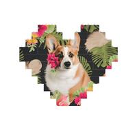 tropical flower and corgi Printed Jigsaw Puzzle 10.8x12.8 CM, Heart-Shaped Puzzle Challenging Game for Adults Gifts, Family Fun Decorative Wall Decor