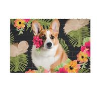 tropical flower and corgi Printed Jigsaw Puzzle 14.4x9.8 CM, Rectangular Puzzle Challenging Game for Adults Gifts, Family Fun Decorative Wall Decor