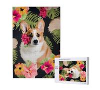 tropical flower and corgi Printed Jigsaw Puzzle with Storage Box, Wooden Puzzle for Adults and Kids, 1000 Pieces Family Fun Decorative Game