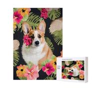 tropical flower and corgi Printed Jigsaw Puzzle with Storage Box, Wooden Puzzle for Adults and Kids, 300 Pieces Family Fun Decorative Game