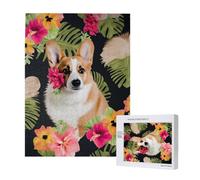 tropical flower and corgi Printed Jigsaw Puzzle with Storage Box, Wooden Puzzle for Adults and Kids, 500 Pieces Family Fun Decorative Game
