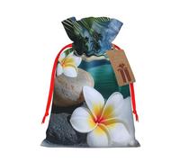 Tropical Flower And Zen Stone Printed Christmas Drawstring Gift Bags-Xmas Wrapping Bags,Candy Bag,For Holiday Party Decorations,Wedding Party Supplies S Red Ribbon