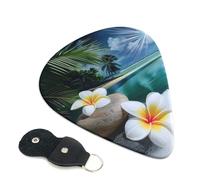 Tropical Flower and Zen Stone Printed Guitar Picks, 6 Pack with Leather Keychain Pick Holder - 0.46mm, 0.71mm, 0.96mm Assorted Thickness for Acoustic Ukulele, Electric Guitar, Acoustic Guitar, Bass
