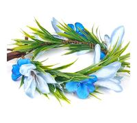 Tropical Flower Crown Artificial Hawaiian Headpiece Sky Blue Floral Headband with Ribbon Lei for Luau Party Costume Renfaire Fairy Woodland Beach Pool Accessories