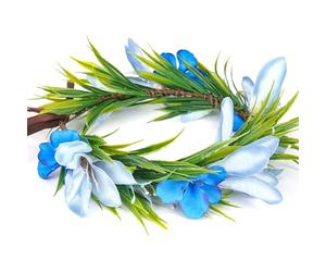 Tropical Flower Crown Artificial Hawaiian Headpiece Sky Blue Floral Headband with Ribbon Lei for Luau Party Costume Renfaire Fairy Woodland Beach Pool Accessories