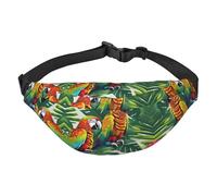 Tropical Flower Leaf Parrot Adjustable Belt Hip Bum Bag Fashion Water Resistant Hiking Waist Bag for Traveling Casual Running Hiking Cycling, Black, One Size