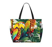 Tropical Flower Leaf Parrot Print Beach Tote Bag Waterproof Large Bags With Zipper Big Capacity For Vacation Travel