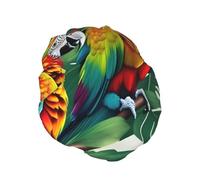 Tropical Flower Leaf Parrot Print Shower Cap - Double Layer, Breathable, Adjustable Elastic Strap, Durable Travel Essentials