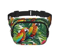 Tropical Flower Leaf Parrot Print Square Waist Purse Double Layer Fanny BagTrendy Travel Waist Bag for Men and Women, Black, One Size
