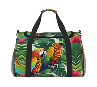 Tropical Flower Leaf Parrot print Weekender Overnight Carry On Bag Gym Luggage Bag Duffel Bag for Travel Women, Black, One Size
