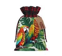 Tropical Flower Leaf Parrot Printing Color Matching Plaid Christmas Bag With Drawstring For Christmas Birthdays Party,4.7x6.9 Inch