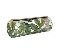 Tropical Flower Leaf Parrot Round Leather Pencil Case for Girls Boys, Pen Pouch & Makeup Bag for Student School Office College