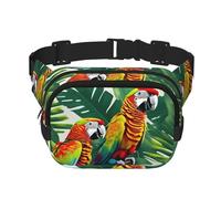 Tropical Flower Leaf Parrot Square Double-Layer Waist Bag Mini Adjustable Waist Belt Bag Exercise Running Travel Hiking, Black, One Size