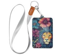 Tropical Flower Lion Leather Vertical id Badge Holders with Lanyard and 3-Card Capacity Security Card Holder for Staffs Officers Students Doctors Employees