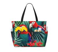 Tropical Flower Parrot Print Beach Tote Bag Waterproof Large Bags With Zipper Big Capacity For Vacation Travel