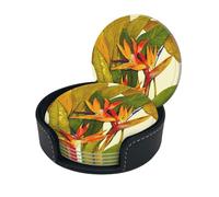 Tropical Flower Print Coasters For Drinks With Holder Set Of 6, Pu Leather Coasters Drink Coasters Cup Pad Mats