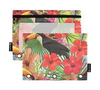 Tropical Flowers and Birds Large Zipper with Clear Window Rings folders with Pockets Big Capacity Three Rings Binder for Classroom School Office Supplies Multicolored 2 PCS
