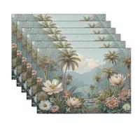 Tropical Flowers And Birds Placemats Set of 8, Jungle Plants Table Mats Non-Slip Heat Resistant Washable Place Mats Table Decoration for Kitchen Dining Party, Sage Green